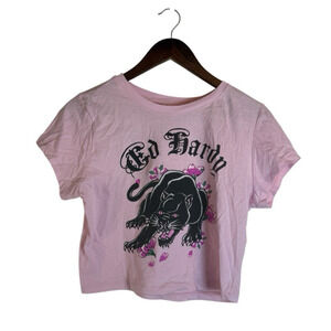 Ed Hardy Pink Crop Top Womens XL Panther Graphic Short Sleeve T Shirt